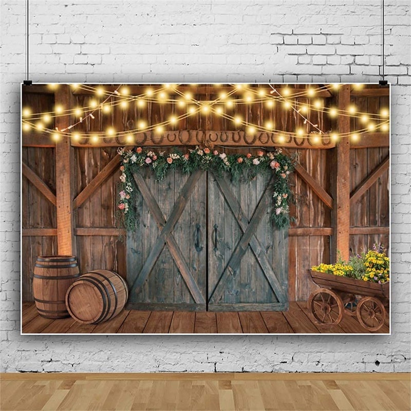 Leowefowa Shabby Chic Countryside Wedding Backdrop 10x8ft Rustic Floral Barn Door Light Strings Barrels Photography Background Bridal Shower Photo Booth Western Themed Party Banner Studio Props - Image 3